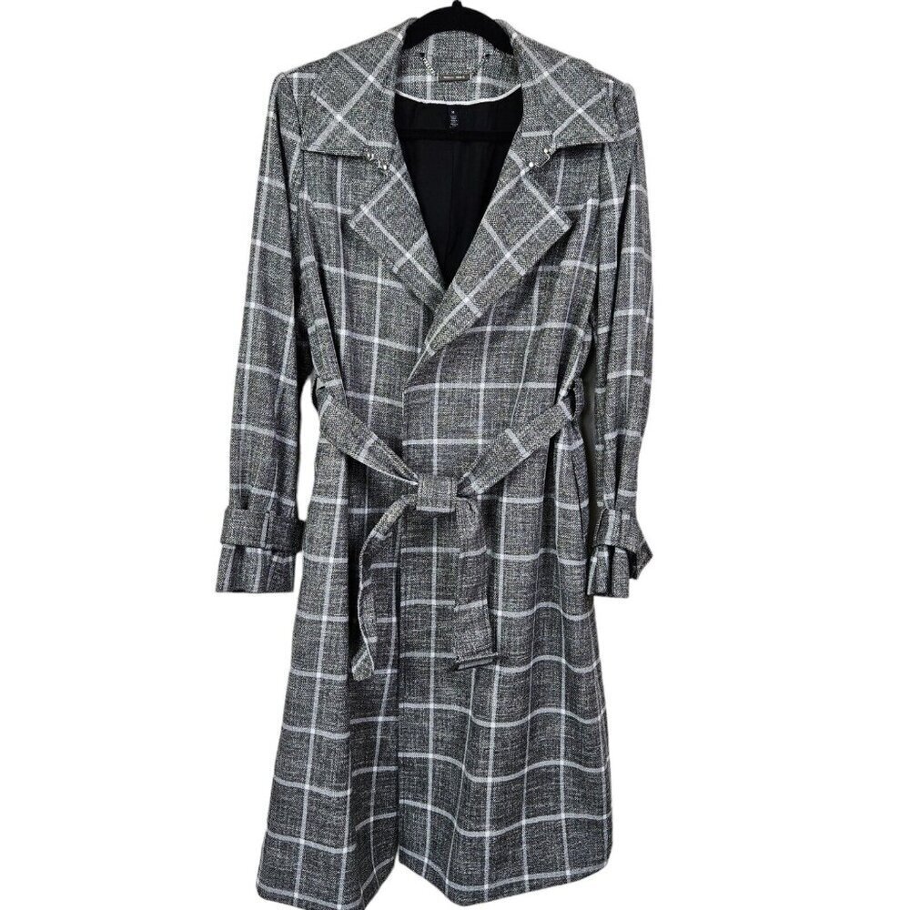 White House Black Market Plaid Trench Coat Size Medium Belted Waist Lined